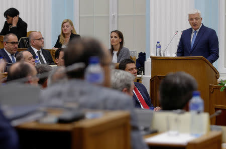 Montenegro's Prime Minister Dusko Markovic addresses the parliament during a discussion on NATO membership agreement in Cetinje, Montenegro, April 28, 2017 REUTERS/Stevo Vasiljevic