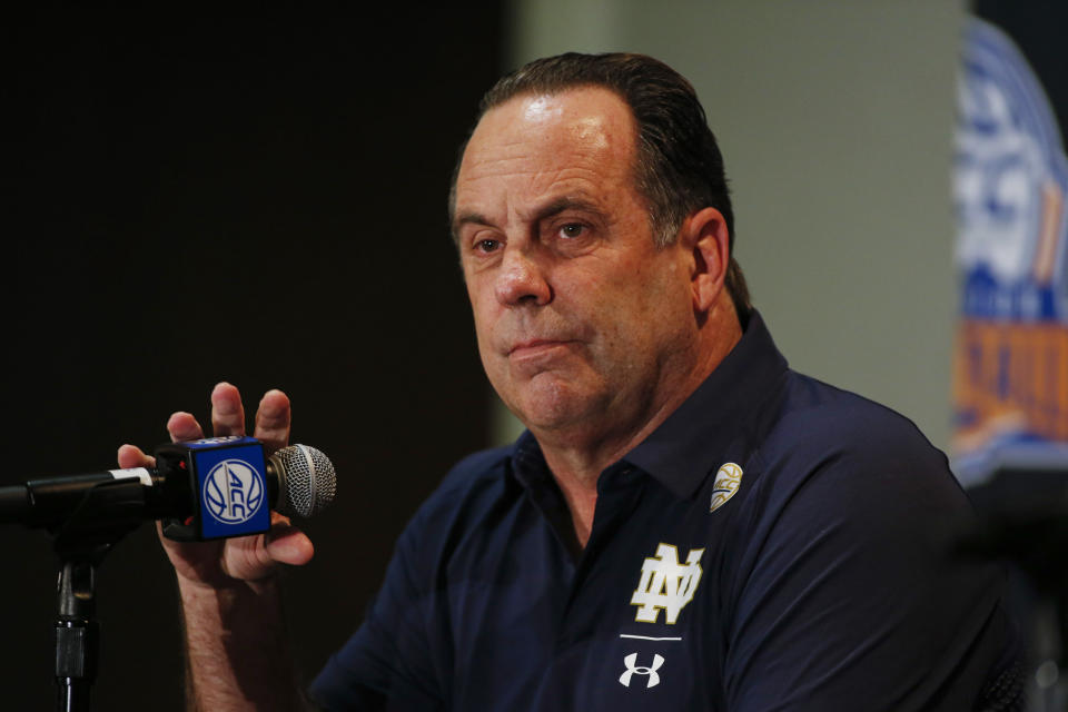 Notre Dame coach Mike Brey answers a question during the Atlantic Coast Conference NCAA college basketball media day in Charlotte, N.C., Tuesday, Oct. 8, 2019. (AP Photo/Nell Redmond)