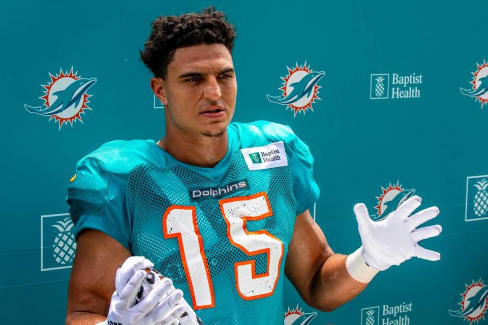 Miami Dolphins linebacker Jaelan Phillips (15) speaks to the media after Dolphins training camp at Baptist Health Training Complex in Miami Gardens on Saturday, August 6, 2022.