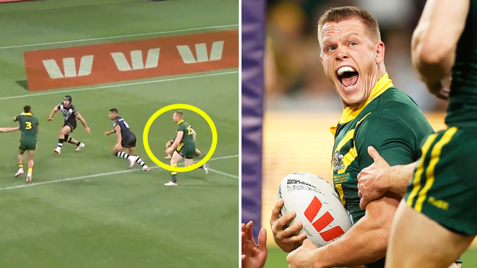 Lindsay Collins runs and Collins celebrates a try for the Kangaroos.