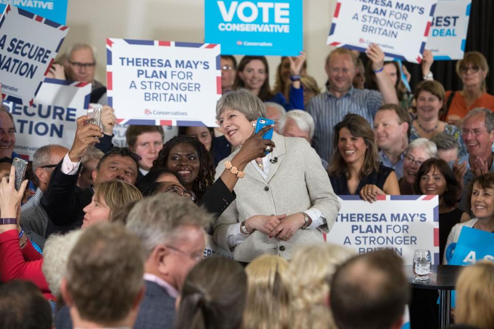 Conservative party leader Theresa May speaking at a rally in Twickenham: PA