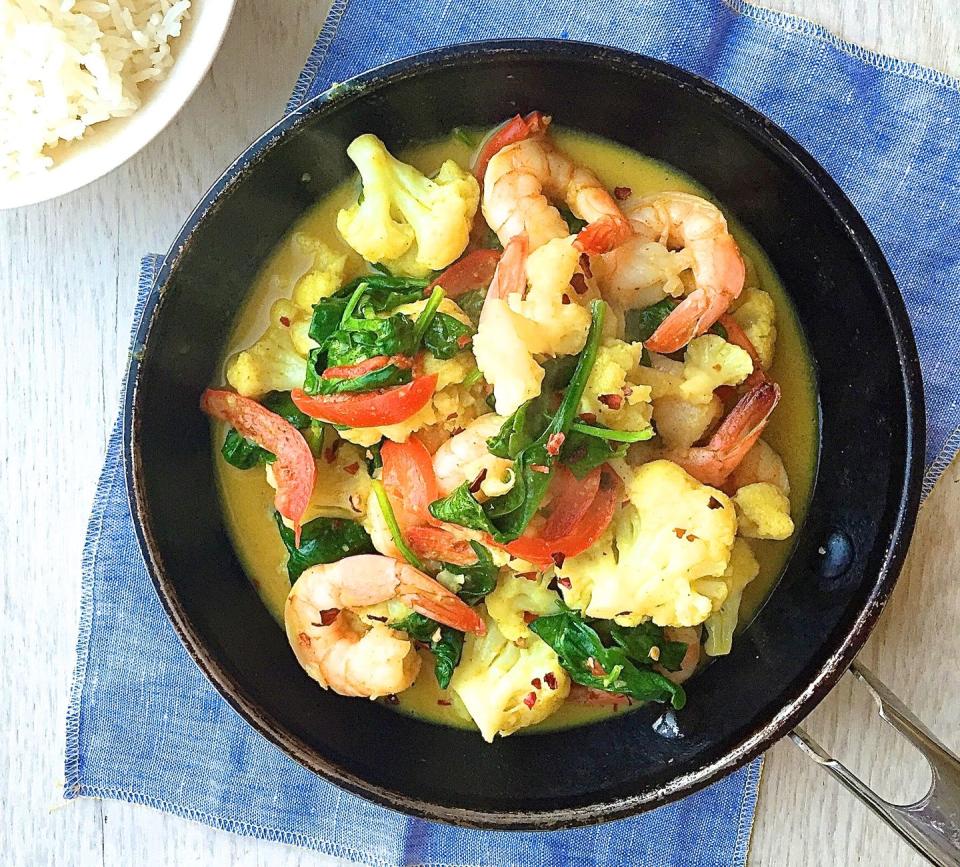 Coconut Shrimp Curry with Cauliflower, Red Pepper, and Spinach