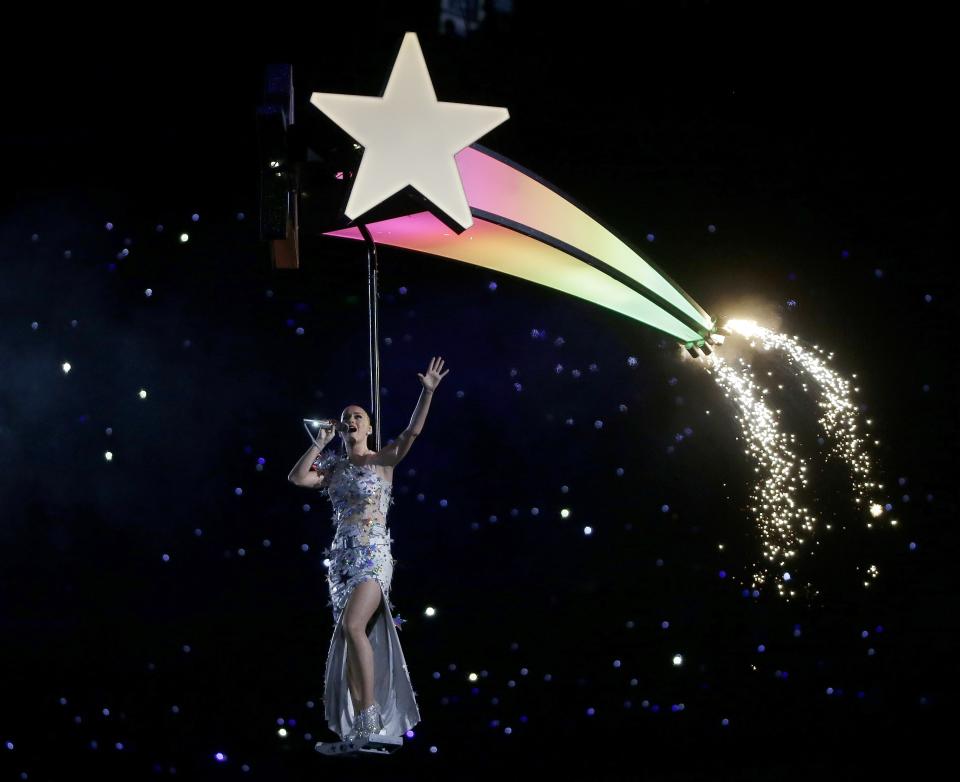 Katy Perry performs during halftime of NFL Super Bowl XLIX football game between the Seattle Seahawks and the New England Patriots on Sunday, Feb. 1, 2015, in Glendale, Ariz. (AP Photo/Elise Amendola)