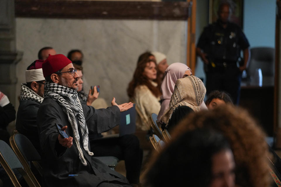 Many gather at Cincinnati City Hall during a council meeting to share thoughts and feelings about the war in the Middle East ahead of council passing a resolution calling for a six-week ceasefire. The resolution was ceremonial in the nature, but gave a voice to people in Cincinnati concerned about the war.
