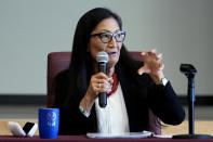 U.S. Interior Secretary Deb Haaland speaks during a "Road to Healing" event, Friday, Jan. 20, 2023, at the Gila Crossing Community School in Laveen, Ariz. The "The Road to Healing," is a year-long tour across the country to provide Indigenous survivors of the federal Indian boarding school system and their descendants an opportunity to share their experiences. (AP Photo/Matt York)