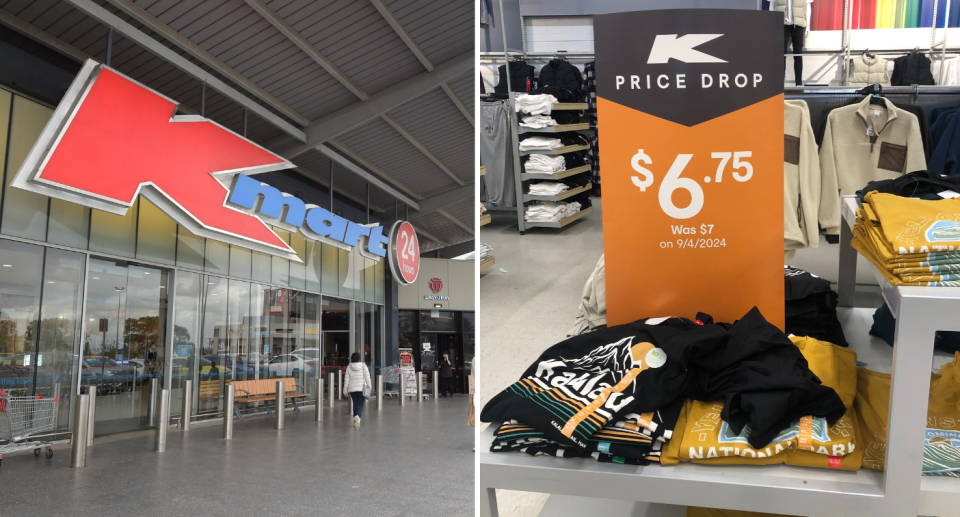 Entry to Kmart (left) and the t-shirts on sale (right).