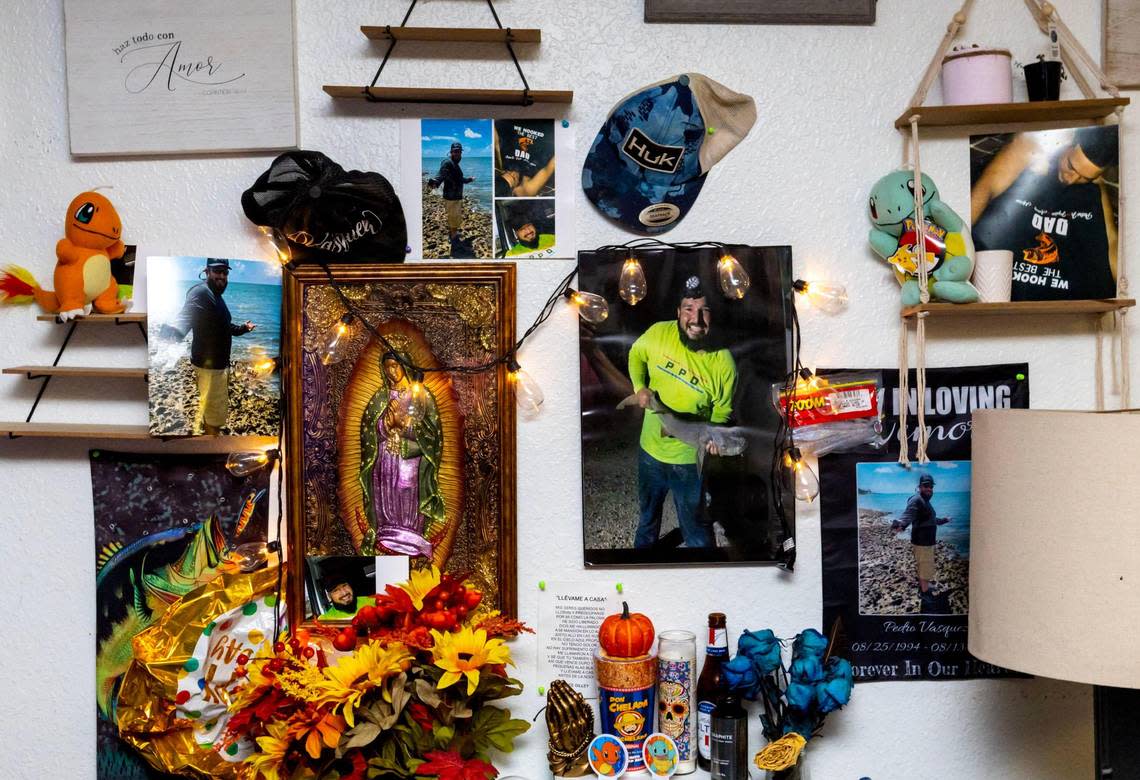 A portion of a shrine for the late Pedro Vasquez, father of four children, inside the family’s home.