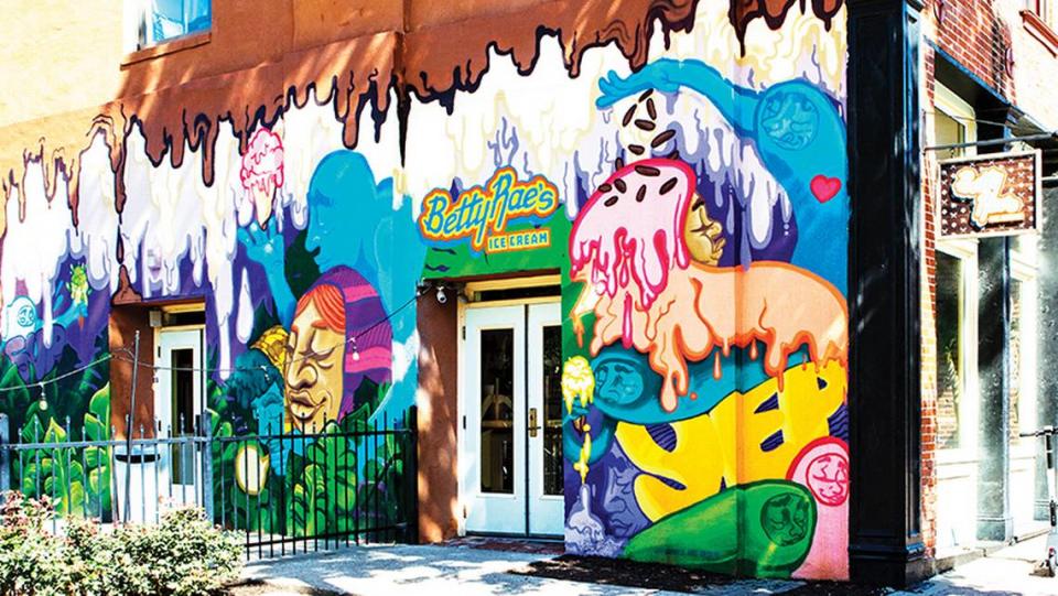 J.T. Daniels’ mural at Betty Rae’s Ice Cream in the River Market features colorful creatures and drips inspired by the shop’s creative flavors.