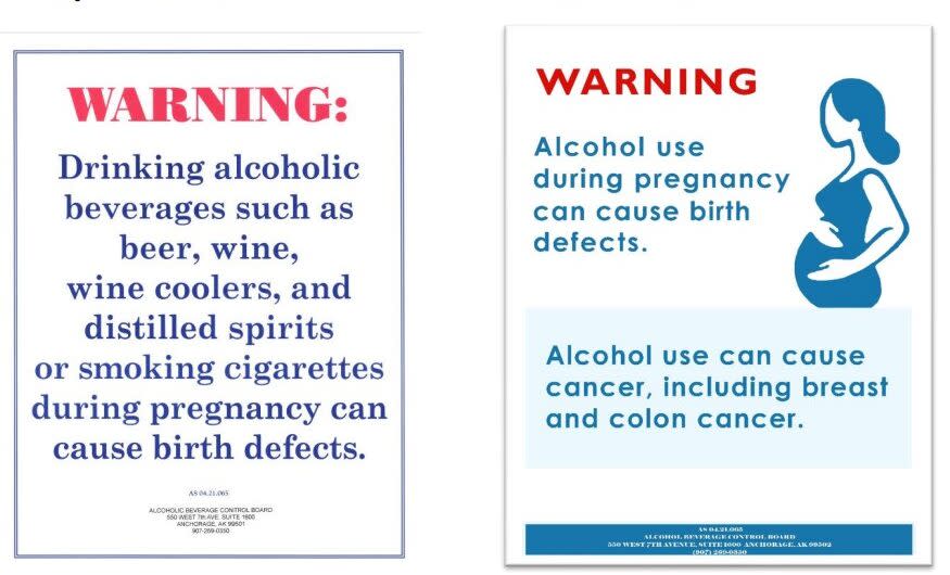 The bill introduced by Rep. Andrew Gray, D-Anchorage, would replace the sign on the left, which is required by state law, with the new design on the right. Gray titled his bill the Alcoholoic Berverages and Cancer Act. (Graphic provided by Alaska Legislature)