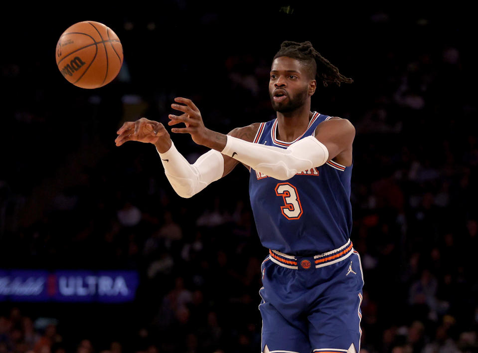 NEW YORK, NEW YORK - DECEMBER 04:  Nerlens Noel #3 of the New York Knicks passes the ball in the second half against the Denver Nuggets at Madison Square Garden on December 04, 2021 in New York City. The Denver Nuggets defeated the New York Knicks 113-99. NOTE TO USER: User expressly acknowledges and agrees that, by downloading and or using this photograph, User is consenting to the terms and conditions of the Getty Images License Agreement. (Photo by Elsa/Getty Images)