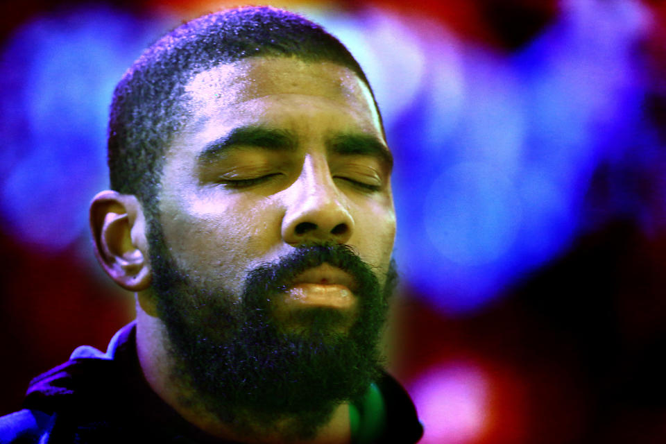 Kyrie with his eyes closed.