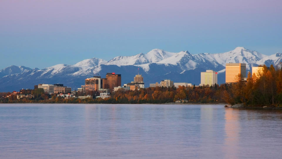 Evening view of Anchorage Alaska and Cook Inlet in the Fall.