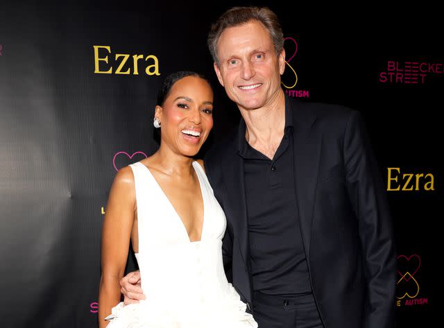 <p>Victoria Sirakova/Getty Images</p> Kerry Washington and Tony Goldwyn attend an evening with EZRA: A storytelling and screening event of Bleecker Street's "EZRA" at Writers Guild Theater on May 21, 2024