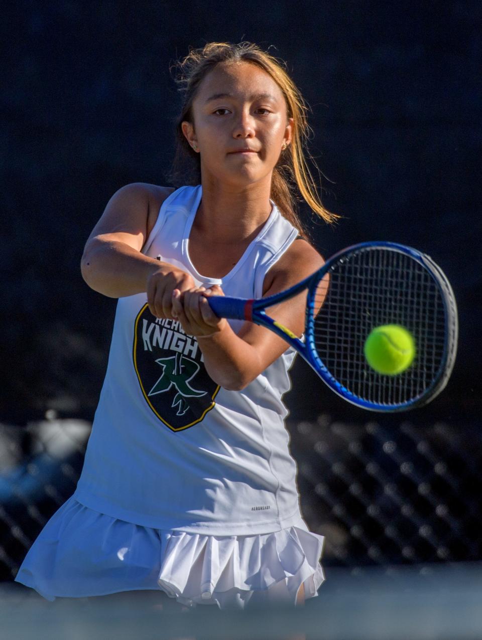 Richwoods sophomore Theresa Bartelme battles Bloomington High School in a singles tennis match Sept. 29, 2022 on the Richwoods tennis courts.