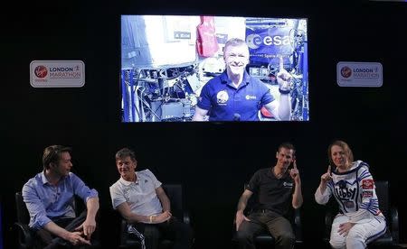 Athletics - 2016 Virgin Money London Marathon Preview - London - 20/4/16 British European Space Agency (ESA) astronaut Tim Peake appears live from the International Space Station for a questions and answers session with assembled media ahead of the 2016 Virgin Money London Marathon Action Images via Reuters / Peter Cziborra Livepic