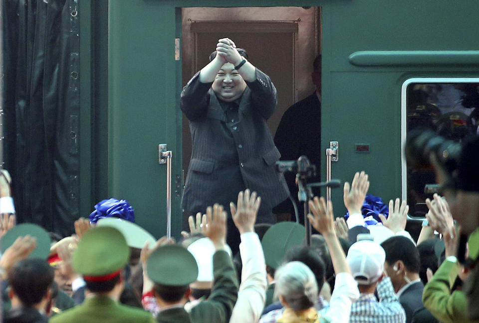 In this March 2, 2019, file photo, North Korean leader Kim Jong Un waves from his train as he arrives at the railway station in Dong Dang, Vietnam, for an expected meeting with President Trump. (AP Photo/Minh Hoang, File)