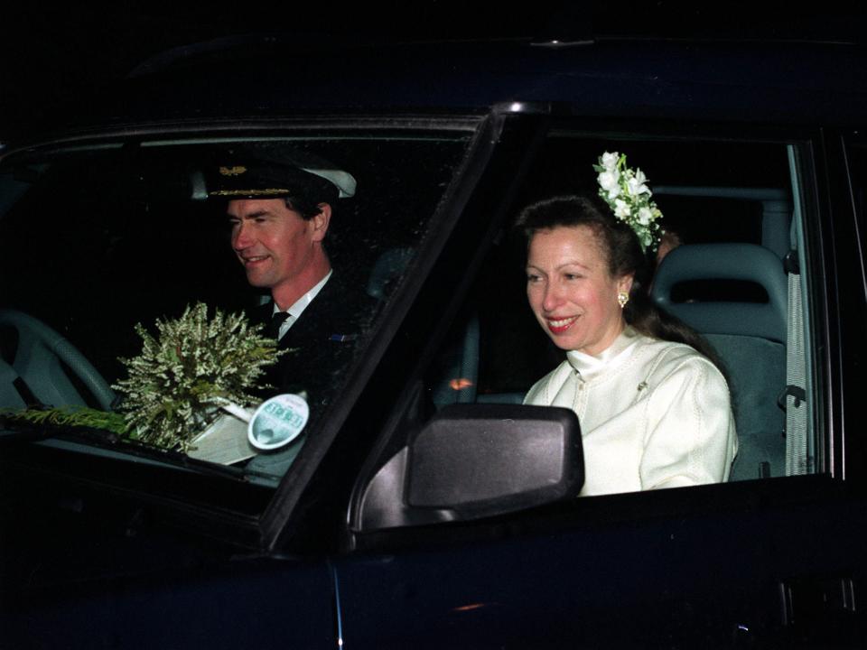 Commander Tim Laurence and the Princess Royal (formerly Princess Anne) smile after their marriage at Crathie Church, near Balmoral, Scotland.