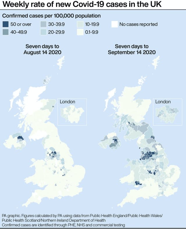 Weekly rate of new Covid-19 cases in the UK