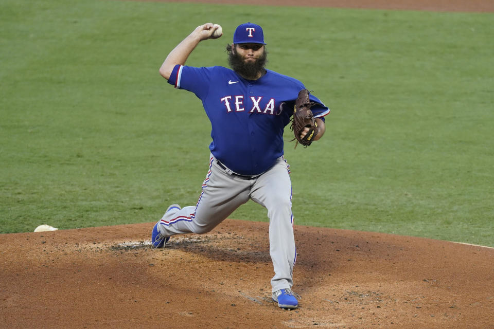 Texas Rangers starting pitcher Lance Lynn throws during the first inning of a baseball game against the Los Angeles Angels, Saturday, Sept. 19, 2020, in Anaheim, Calif. (AP Photo/Ashley Landis)