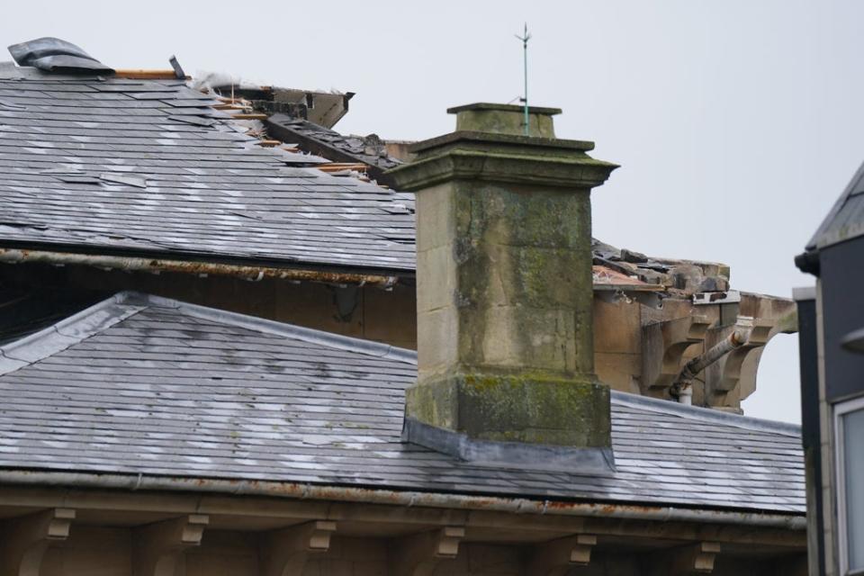 Precarious masonry and missing tiles on the roof of Trowbridge Town Hall in Wiltshire (Jacob King/PA) (PA Wire)