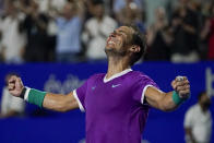 Spain's Rafael Nadal celebrates after defeating Britain's Cameron Norrie in the final match at the Mexican Open tennis tournament in Acapulco, Mexico, Saturday, Feb. 26, 2022. (AP Photo/Eduardo Verdugo)