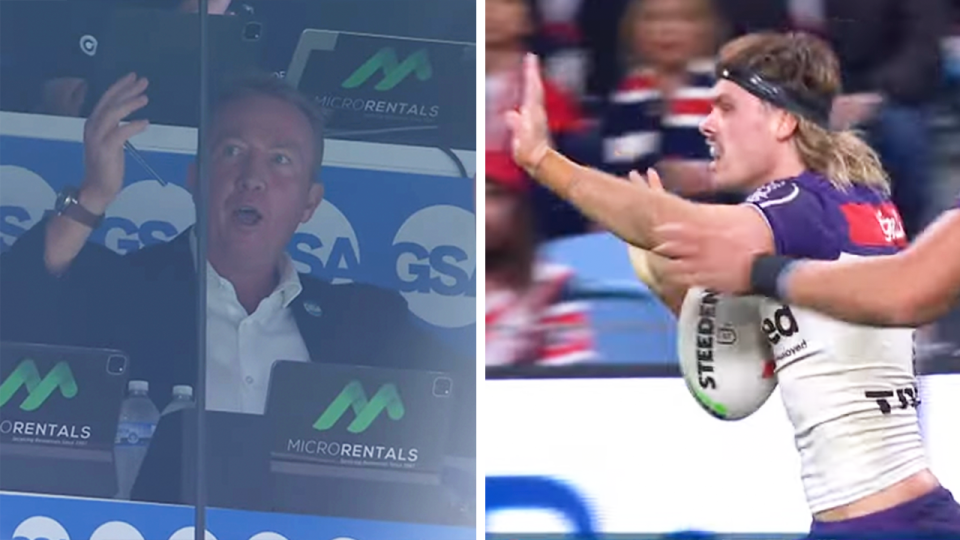 Roosters coach Trent Robinson (pictured left) has been called out for criticising the referees, despite his team receiving a number of favourable calls. (Images: Channel Nine)