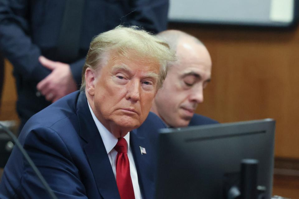 Former Pres. Donald Trump inside Manhattan Criminal Court for a hearing on his felony hush money case on Feb. 15, 2024.