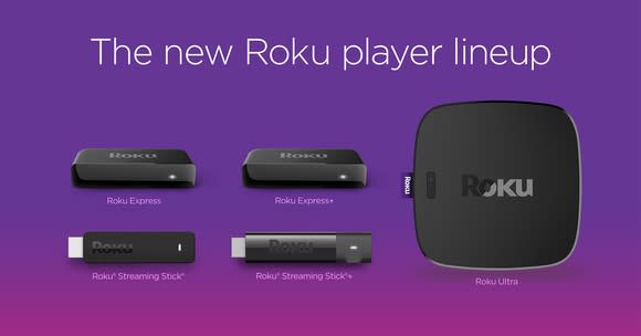 Roku player and accessories, described against a purple background.