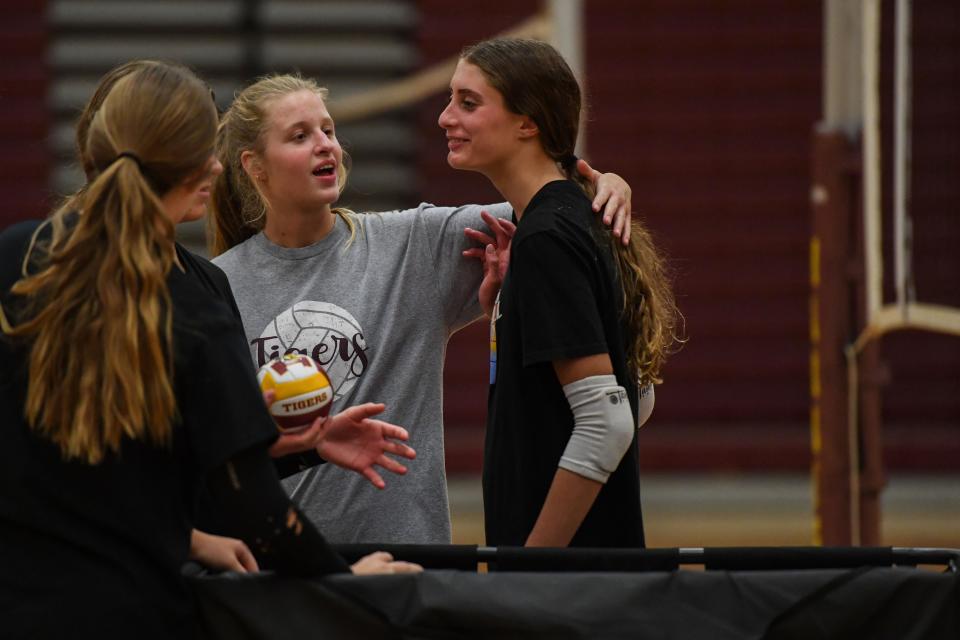Josalyn Samuels talks to her teammates during practice on Wednesday, Sept. 13, 2023 at Harrisburg High School in Harrisburg, South Dakota..