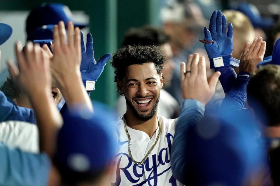 MJ Melendez celebrates in the Royals’ dugout after hitting a two-run home run against the Chicago White Sox during Wednesday’s game at The K.