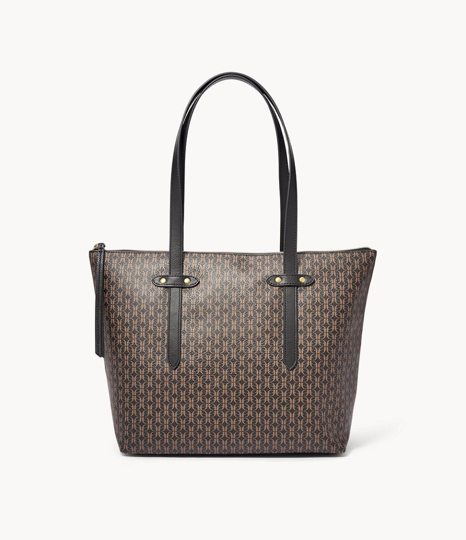 Felicity Tote in black and brown pattern. Image via Fossil.