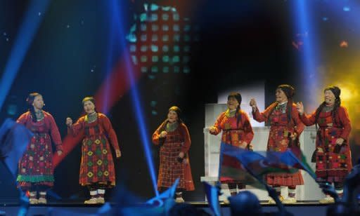 Russia's group "Buranovskiye Babushki" (Buranovo Grannies) perform during the Grand Final of the Eurovision 2012 song contest in the Azerbaijan's capital Baku. The choir of elderly women who performed a disco song "Party for Everybody" in English and their local Finnic language came in second