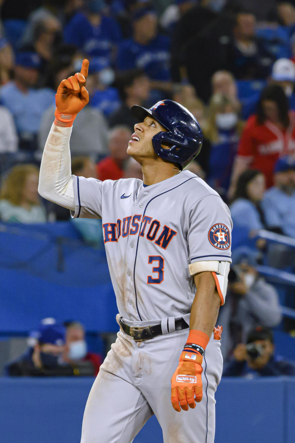 Houston Astros shortstop Jeremy Pena (3) celebrates after hitting a home run during the sixth inning of a baseball game against the Toronto Blue Jays on Friday, April 29, 2022, in Toronto. (Christopher Katsarov/The Canadian Press via AP)