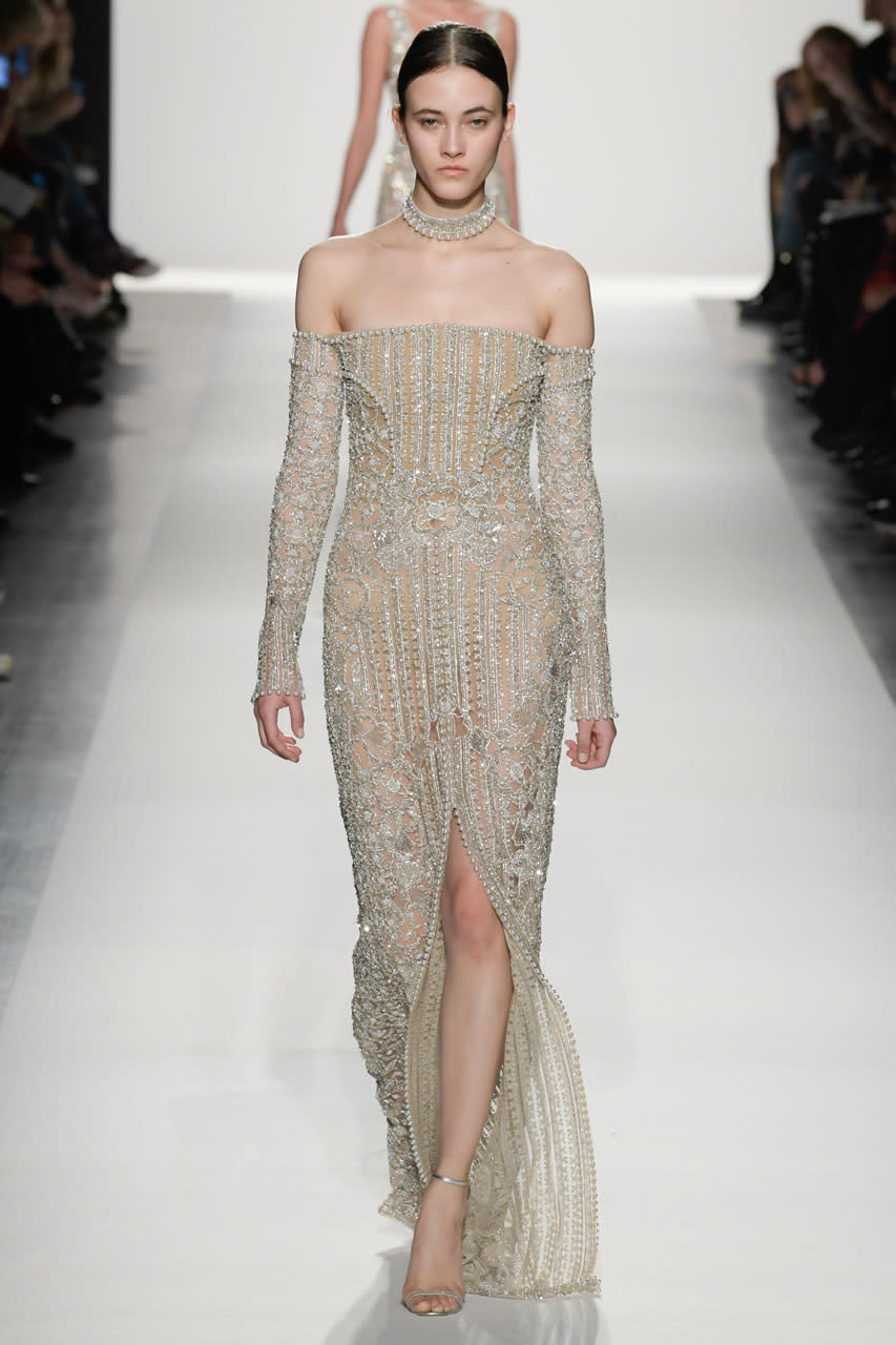 <p>Heavy beaded off the shoulder dress from Jonathan Simkhai (Photo: Getty Images) </p>