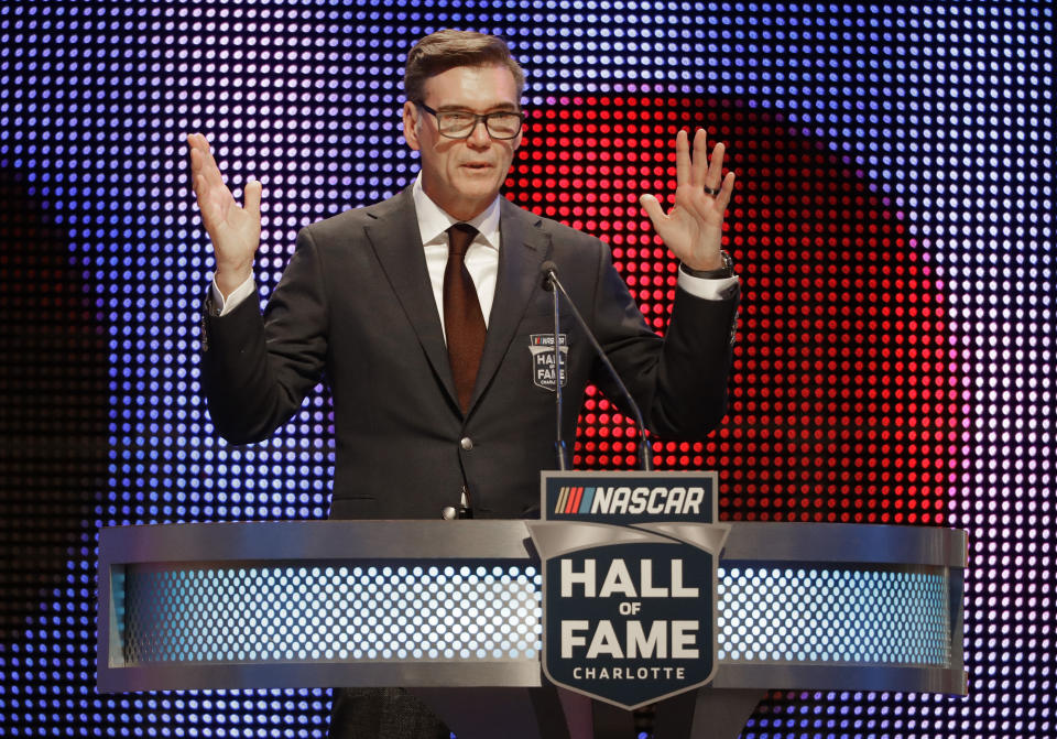 FILE - In this Jan. 19, 2018, file photo, Ray Evernham speaks after being inducted into the NASCAR Hall of Fame in Charlotte, N.C. Superstar Racing Experience was conceptualized as a series for former greats who still had the skills and desire to compete and square off in identically prepared cars at six of America’s classic short tracks. Ray Evernham and Tony Stewart took great care in extending invites to the made-for-TV league they had co-created. They thoughtfully pulled in a a dozen of the most iconic names in modern day motorsports. (AP Photo/Chuck Burton, File)