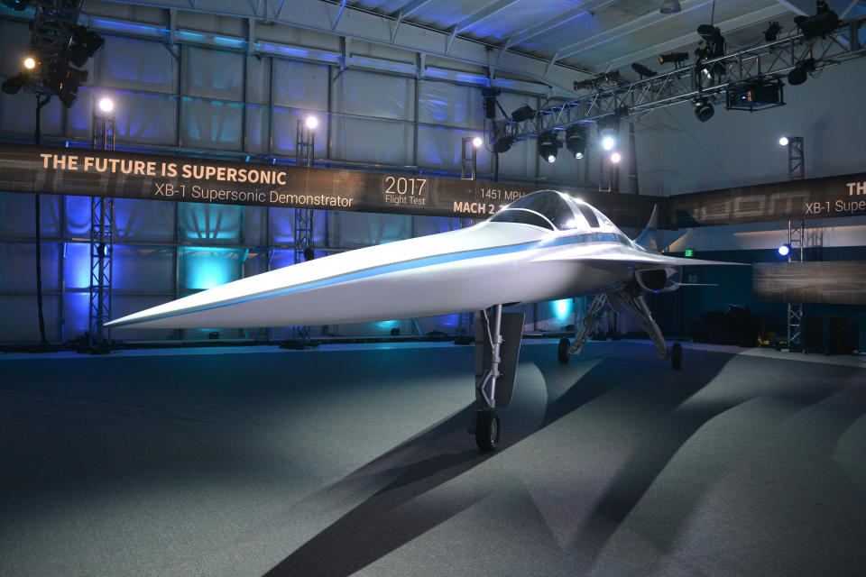 ENGLEWOOD, CO - NOVEMBER 15:  A view of the XB-1 Supersonic Demonstrator at the official unveiling at the Boom Technologies hanger on November 15, 2016 in Englewood, Colorado.  (Photo by Tom Cooper/Getty Images for Boom Technology)