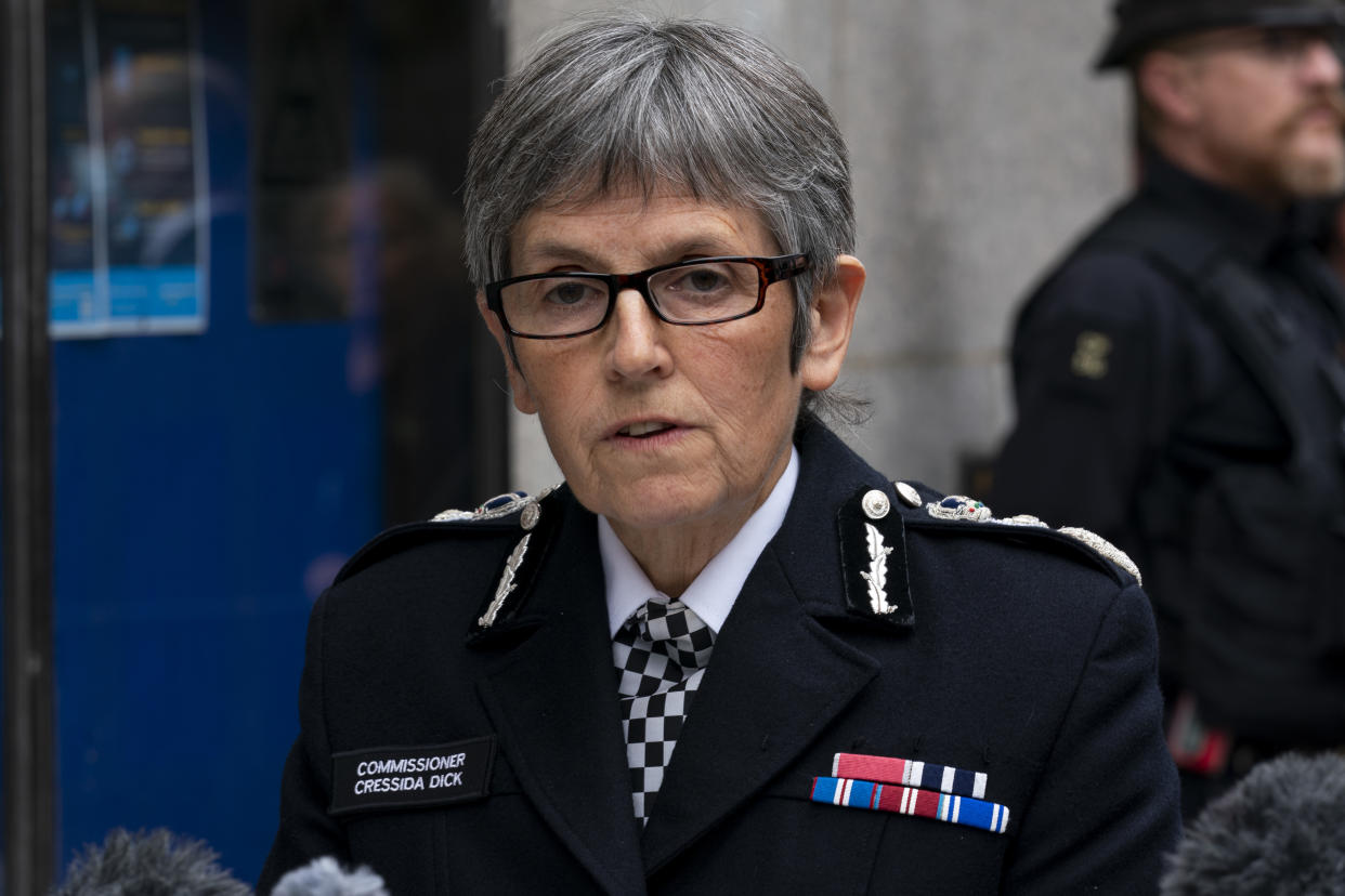 LONDON, ENGLAND - SEPTEMBER 29: Metropolitan Police Commissioner Dame Cressida Dick reads a statement to the media at the Old Bailey on September 29, 2021 in London, England. Wayne Couzens, 48, is handed a whole life order for the kidnap, rape and murder of Sarah Everard, 33, meaning he will die in prison. Sarah's body was found in woodland near land owned by Couzens in Ashford, Kent, one week after she went missing from Clapham, London. (Photo by Ming Yeung/Getty Images)