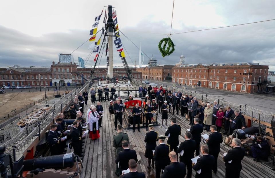 Royal Navy personnel and guests on board HMS Victory in Portsmouth as they take part in a ceremony to mark the 216th anniversary of the Battle of Trafalgar (Andrew Matthews/PA) (PA Wire)