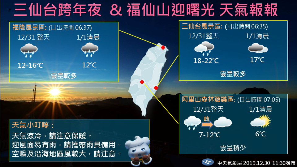 跨年夜和迎曙光熱區天氣。（圖／中央氣象局）