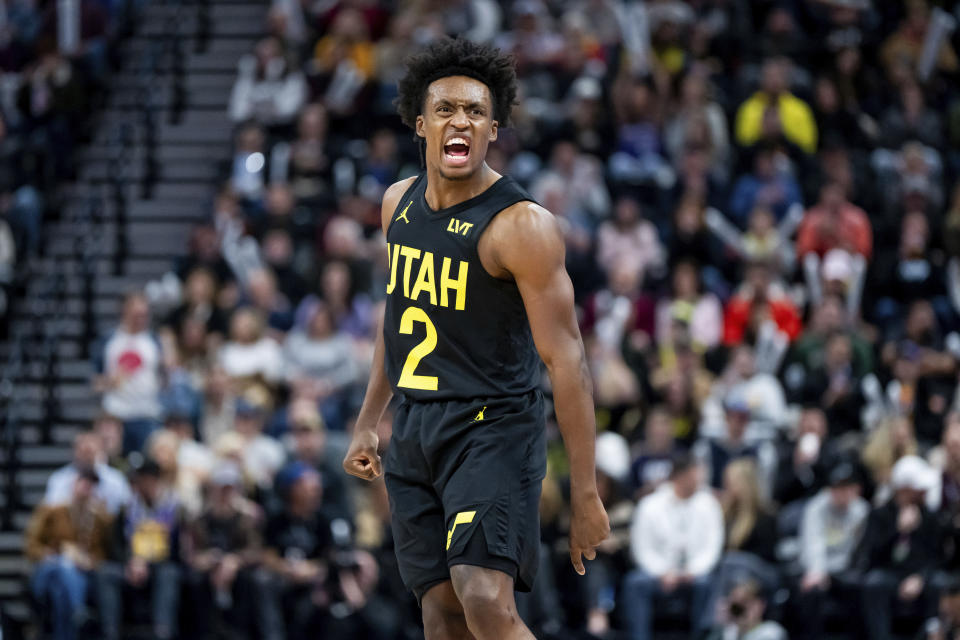 Utah Jazz guard Collin Sexton reacts after scoring during the second half of an NBA basketball game against the Indiana Pacers, Monday, Jan. 15, 2024, in Salt Lake City. (AP Photo/Spenser Heaps)