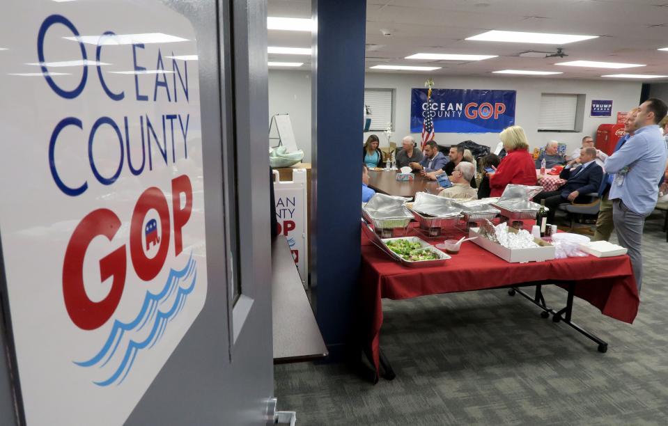 Ocean County GOP members watch primary election night returns at their headquarters in Toms River Tuesday, June 6, 2023.