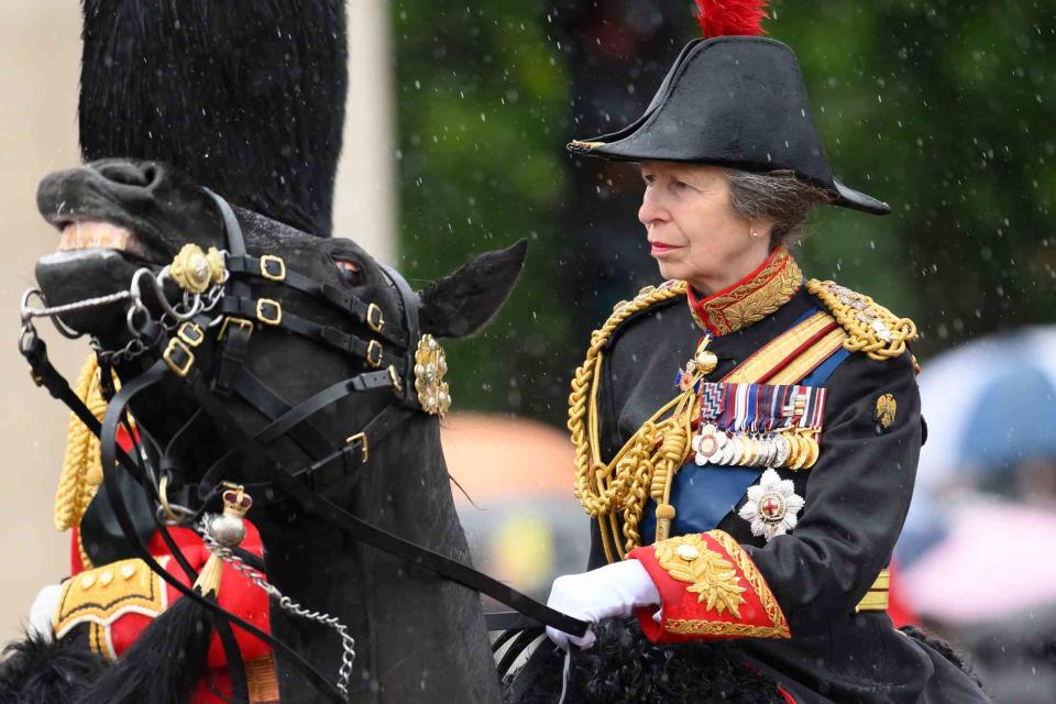 <p>Karwai Tang/WireImage</p> Princess Anne rides at Trooping the Colour on June 15, 2024.