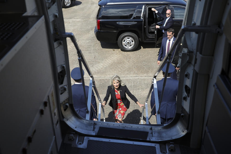 First lady Jill Biden boards an aircraft at Jackson-Medgar Wiley Evers International Airport, in Pearl, Miss., Tuesday, June 22, 2021. (Tom Brenner/Pool via AP)