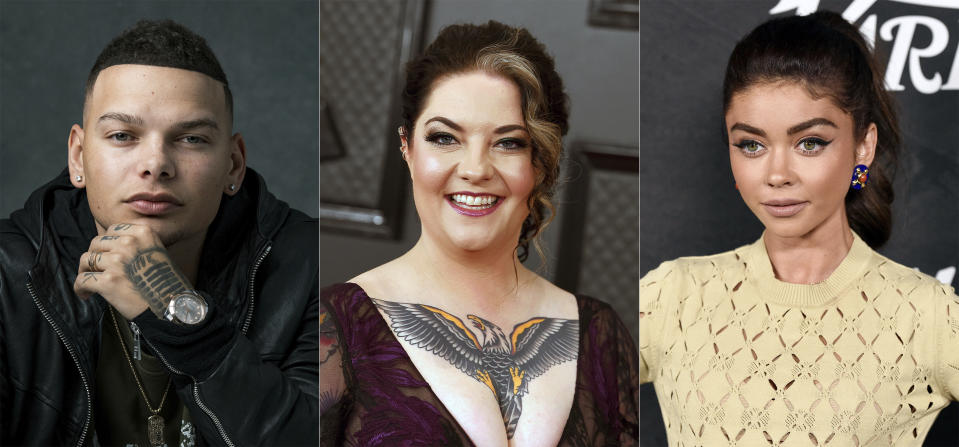 This combination photo shows, from left, singers Kane Brown, Ashley McBryde and actress Sarah Hyland who will host this year's CMT Music Awards airing on CMT, MTV, MTV2, Logo, Paramount Network, Pop and TV Land. (AP Photo)