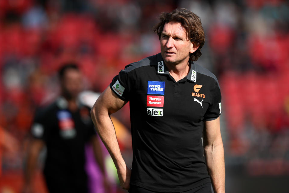 James Hird, pictured here during a GWS game in 2022.