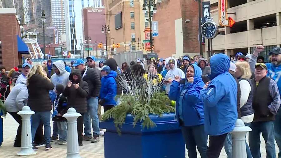 Fans gathering outside of Ford Field for an NFC championship watch party. (Jan. 28, 2024)