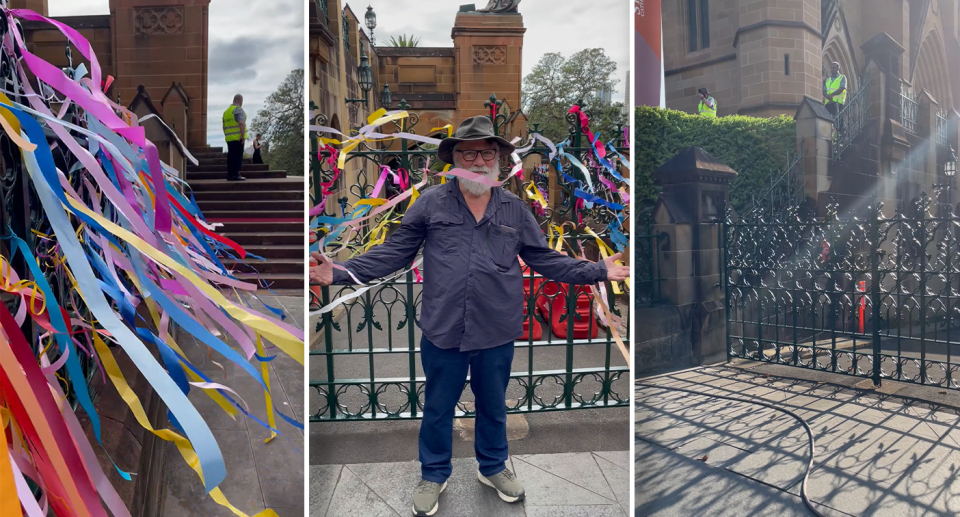 Ribbons tied to the cathedral by abuse survivors (left and centre) were removed overnight (right). Source: Michael Dahlstrom