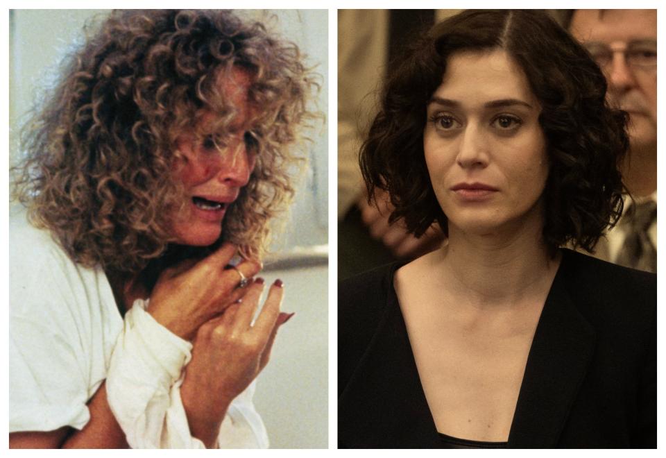 Glenn Close, left, in the 1987 film "Fatal Attraction;" and Lizzy Caplan in the 2023 TV version.