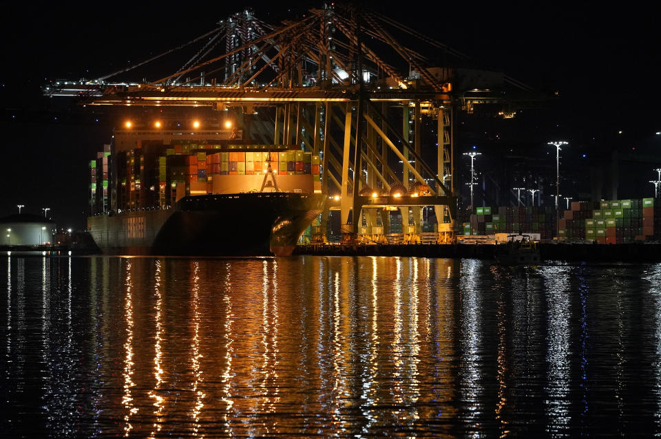 The container ship Ever Libra (TW) is moored at the Port of Los Angeles on Monday, Nov. 21, 2022. The supply backlogs of the past two years -- and the delays, shortages and outrageous prices they brought with them -- have improved dramatically since summer. (AP Photo/Damian Dovarganes)