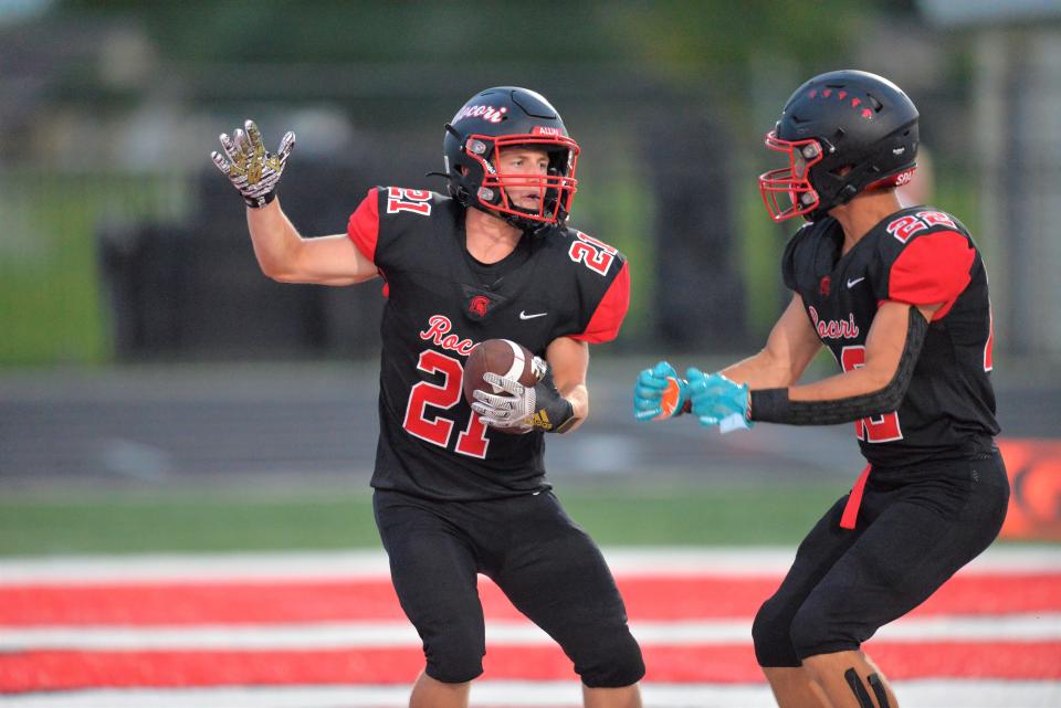 ROCORI's Mason Dahl (left) and Gabe Johnson (right) celebrates a touchdown against Becker in the season opener on Friday, Aug. 26, 2022, at ROCORI High School.